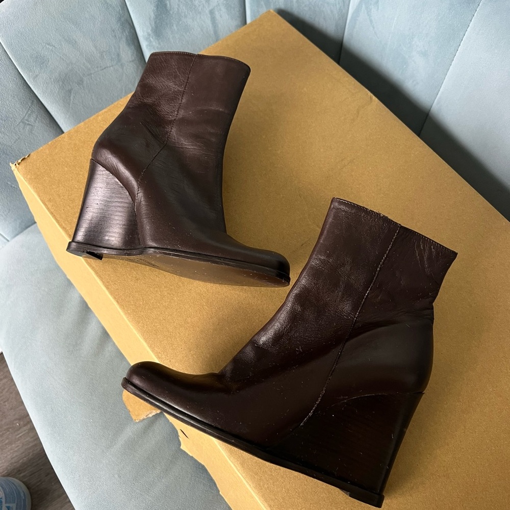 Coach Dark Brown Leather Wedge Ankle Boots